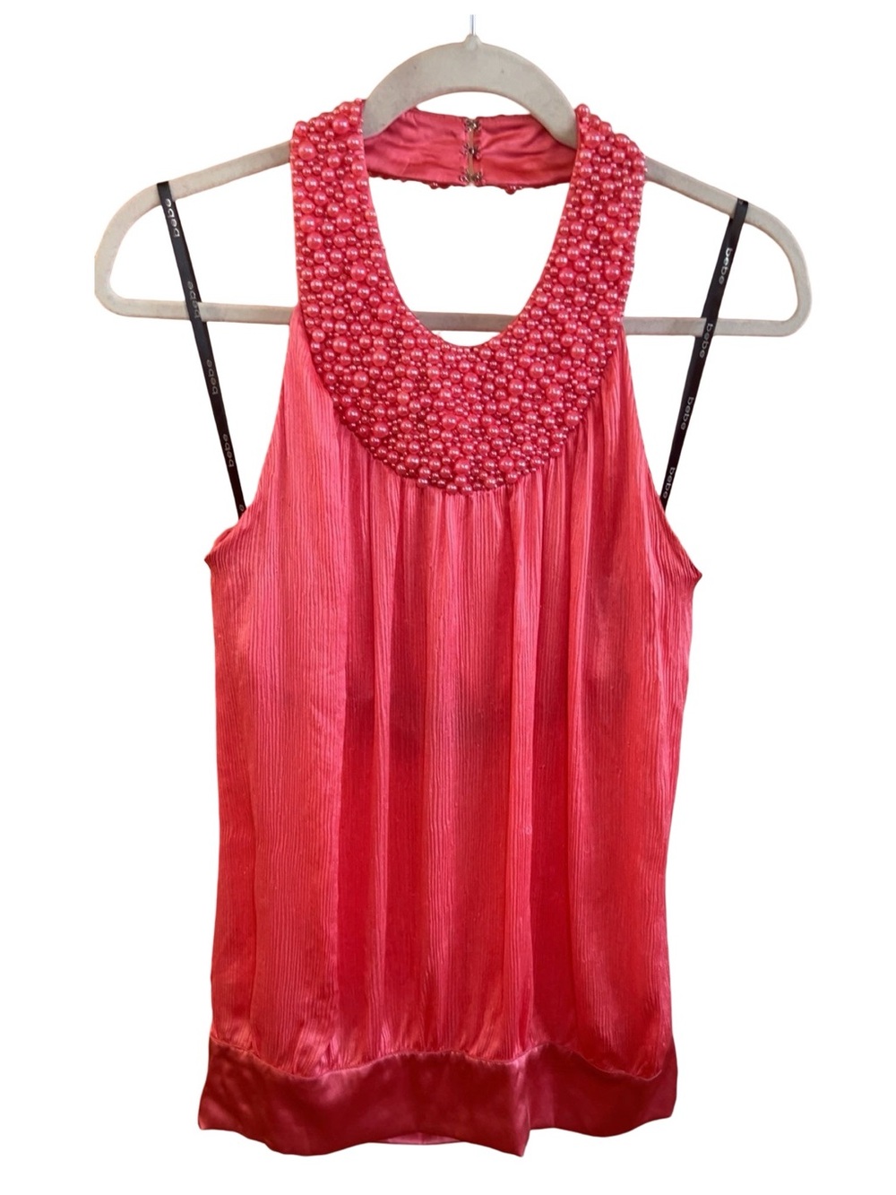 bebe Coral Pink Pearl Embellished Halter Top Size M